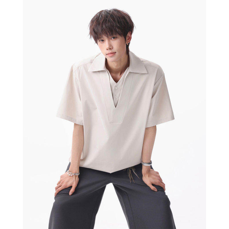 男士夏季雅痞风男装假两件衬衫时尚韩版高级感气质上衣穿搭