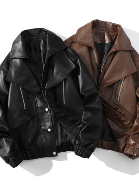 「设计师品牌」春秋小众西装领皮夹克拉链装饰纯色外套男