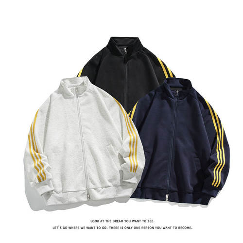 「设计师品牌」休闲立领套头长袖上衣男女条纹高级感卫衣外套