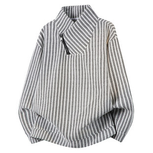 高品质春装新款老钱风美式高街鱼骨纹斜拉链解构高领卫衣长袖t恤