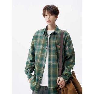 美式潮牌格子长袖衬衫百搭宽松休闲格纹慵懒风痞帅上衣男