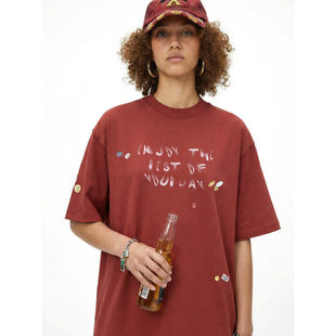 「设计师品牌」复古小贴纸印花短袖T恤 春夏新款街头潮牌风纯棉上