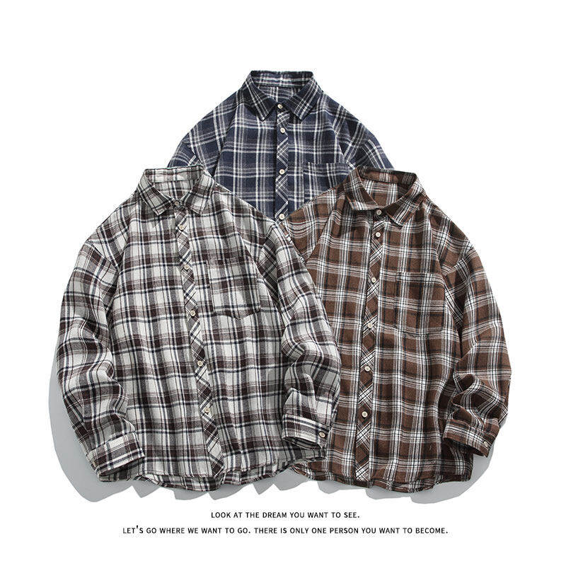 「设计师品牌」复古格子长袖衬衫男女中性大码衬衣外套