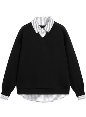 「设计师品牌」春款港风假两件翻领卫衣男落肩打底衫潮流衣外