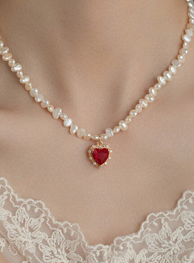 复古法式宫廷少女红宝石水钻包边爱心吊坠珍珠项链小众设计锁骨链