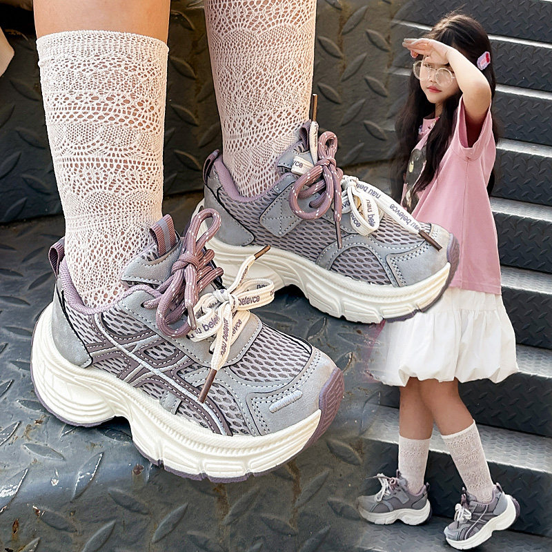 2026春季新款女童透气网面运动鞋软底轻便防滑休闲橡胶厚底老爹鞋