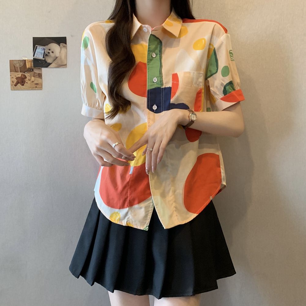 夏装新款大码女装通勤翻领彩绘涂鸦高端棉衬衫大衣