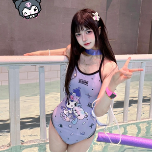 日系三角连体泳衣女库罗米可爱卡通显瘦竞速专业训练不兜水泳衣女