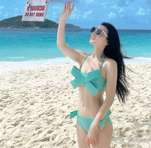 纯欲风蓝色显白立体大蝴蝶结泳衣女 辣妹小胸钢托聚拢比基尼多色
