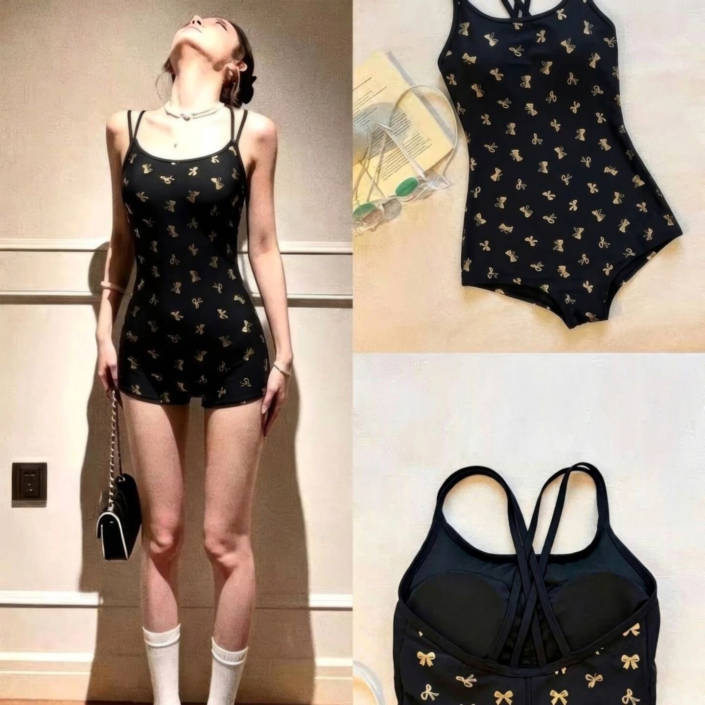 蝴蝶结露背竞速平角连体泳衣女图片