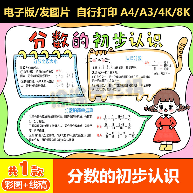 思维导图分数的初步认识手抄报电子模板三年级上册数学小报线稿a4