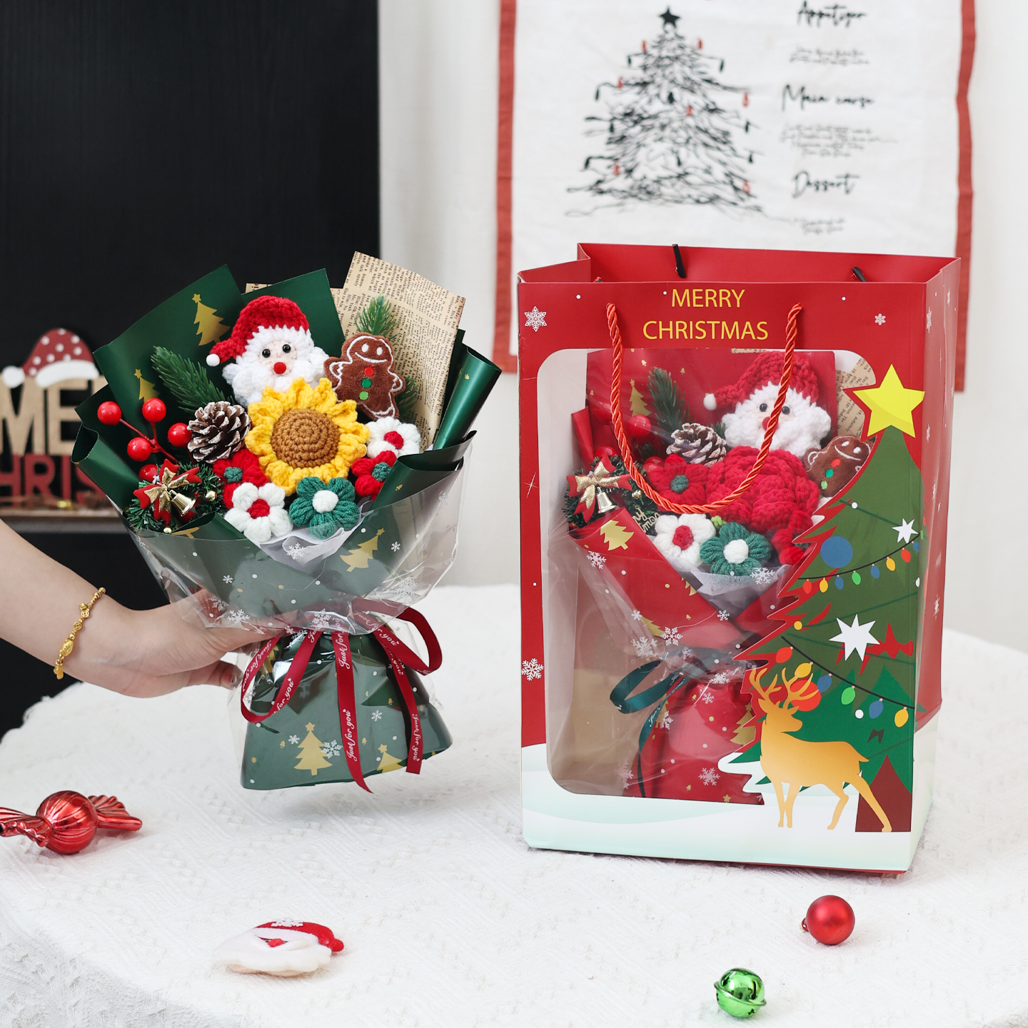 创意手工毛线花圣诞老人玫瑰向日葵送女友闺蜜生日礼物圣诞节花束