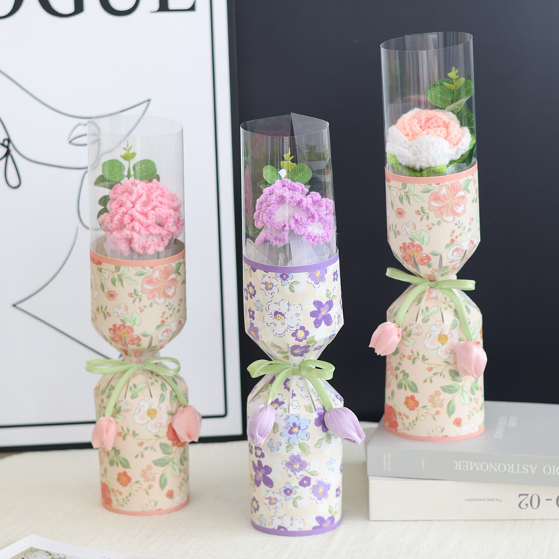 康乃馨玫瑰针织毛线花成品单支花束创意仿真花生日礼物女惊喜礼品