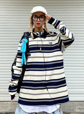 SKRM 水洗横条纹藏青色Polo衫男休闲宽松情侣复古翻领长袖卫衣T恤