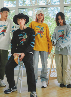 MostwantedLab卡通涂鸦电脑人串标印花长袖情侣宽松打底T恤男MWTD