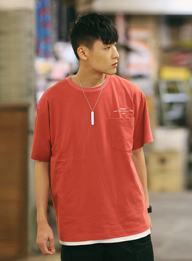 PSO Brand基础纯色短袖男女情侣宽松休闲口袋圆领纯棉打底衫T恤夏