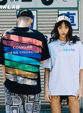 SKRM & CONKLAB 彩虹刷漆印花短袖男女情侣宽松休闲涂鸦半袖T恤夏