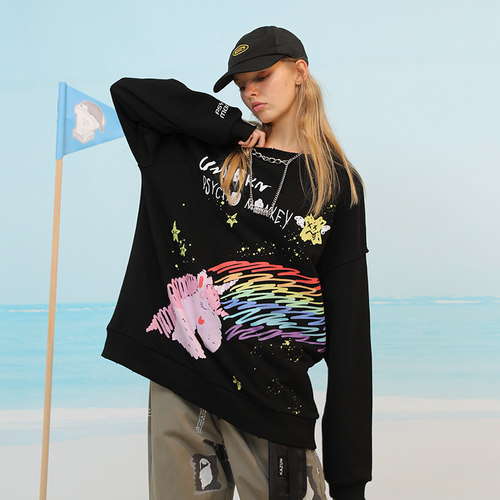 破洞独角兽卫衣破坏套头长袖上衣