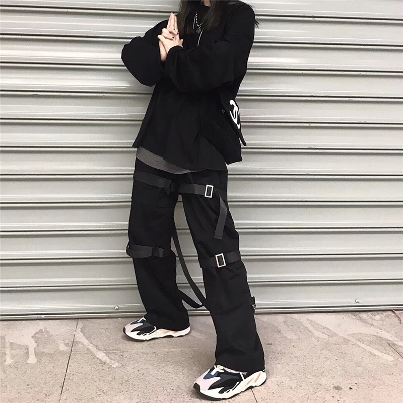 机能飘带拉链八神裤直筒束脚裤男图片