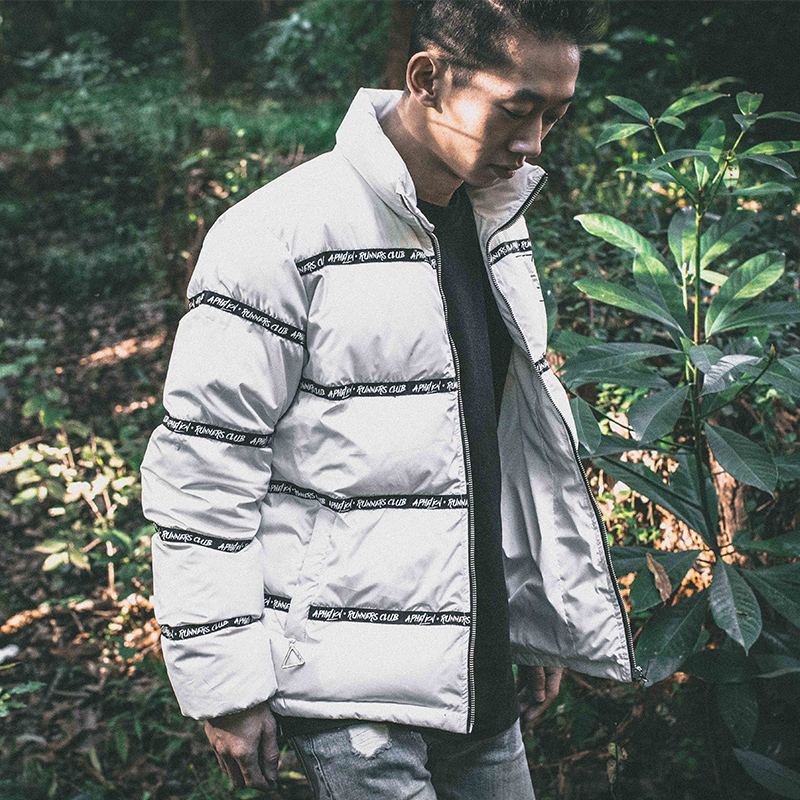复古条纹串标立领羽绒服保暖棉服