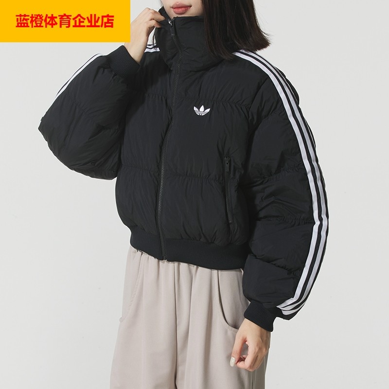 阿迪达斯三叶草黑色短款棉服女秋冬新款三条纹防风棉衣外套JX2970