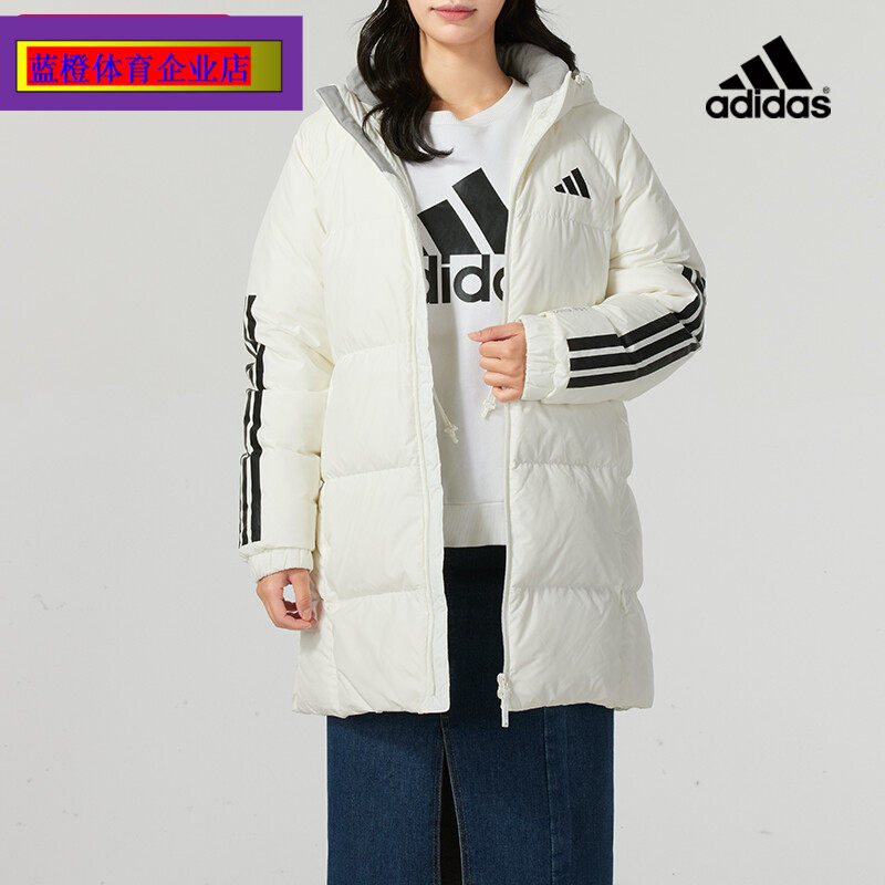 阿迪达斯羽绒服女2024冬季新款三条纹棉羽夹克中长款运动服JG3856