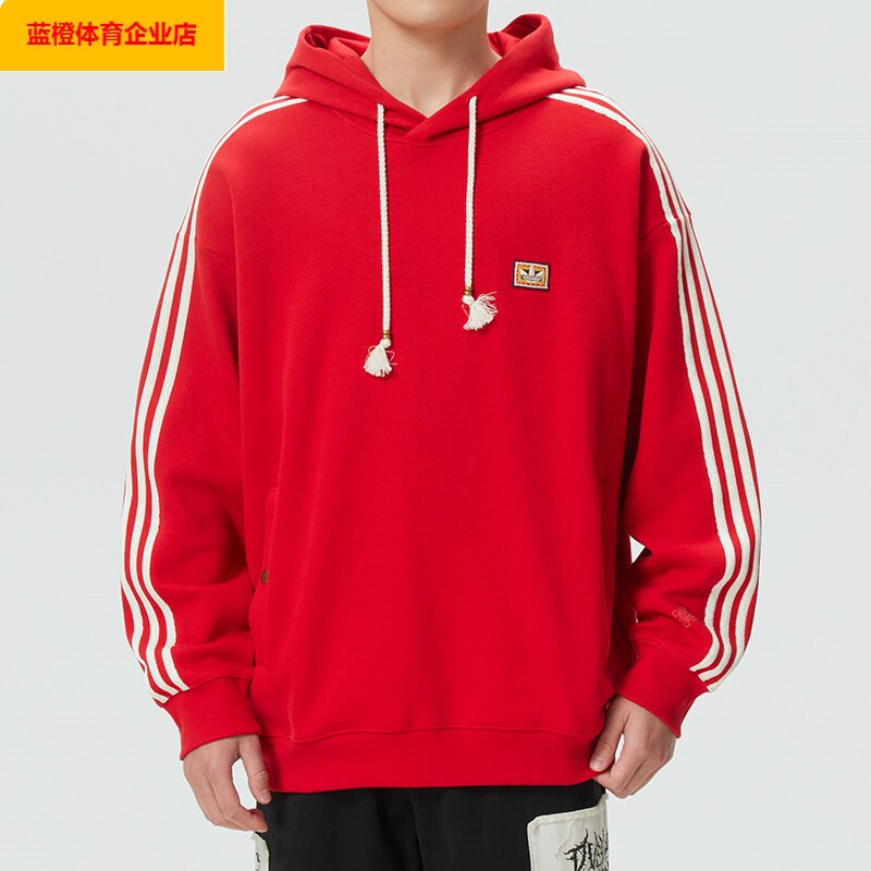 阿迪达斯卫衣男装马年新年款CNY红色运动服连帽休闲套头衫KT0646