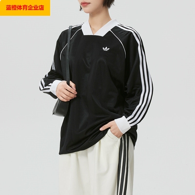 阿迪达斯三叶草黑色长袖T恤女装2026春季新款打底衫运动服KD2897