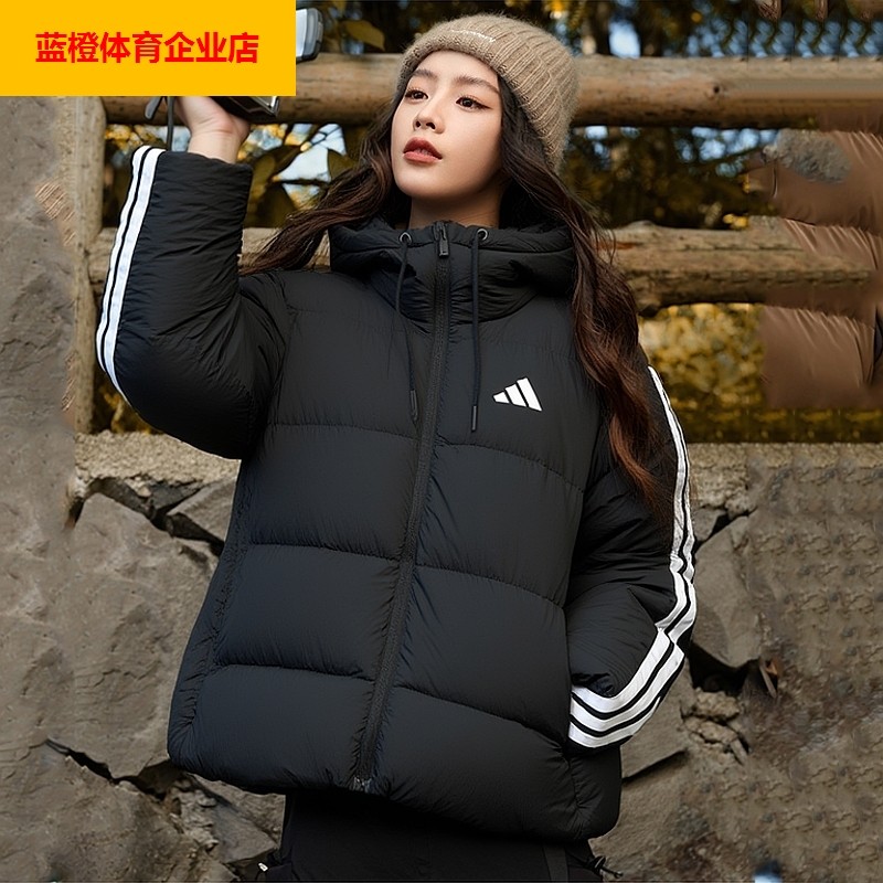 阿迪达斯黑色宽松连帽羽绒服女2025冬季三条纹短款休闲羽绒KH3978