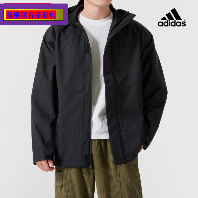 阿迪达斯梭织夹克男装2024秋冬新款黑色连帽运动服休闲宽松JM9154