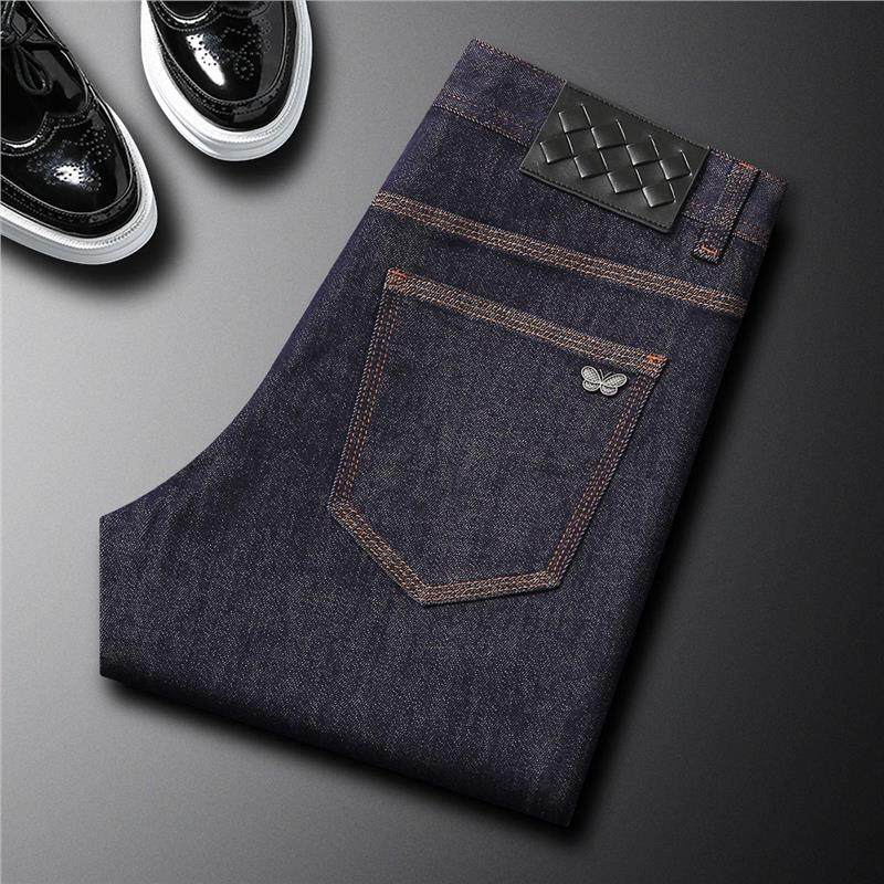 欧版潮牌宝蓝色牛仔裤男夏季薄款修身小直筒长裤子弹力辑明线潮流