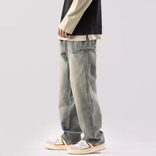 新款阔腿潮牌男士牛仔裤男秋季美式宽中腰松直筒高街男生长裤子