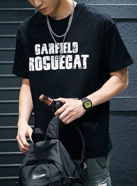 230g重磅夏季黑色短袖t恤男士宽松大码字母凉感纯棉半袖圆领体恤