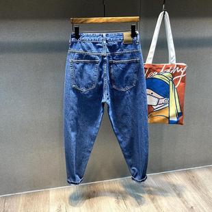 锥形萝卜老爹哈伦裤 男直筒宽松大码 男 休闲蓝色阔腿牛仔裤 秋冬新款