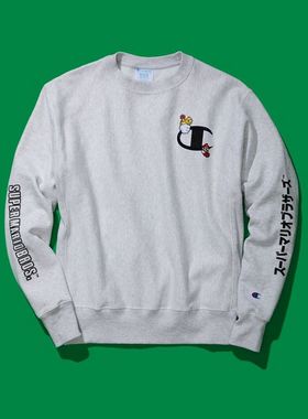 新秋马里奥联名Champion冠军男女灰色长袖圆领套头衫绒卫衣