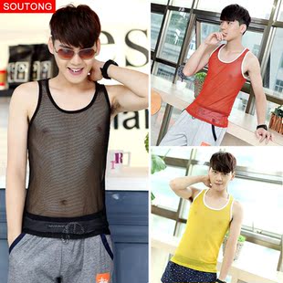 热卖酷都男士背心网纱透明时尚背心男性感透视个性运动工字背心男
