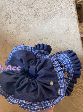 高级感韩版复古学院风蓝色牛仔格子大肠发圈丸子头绳早秋新款发绳