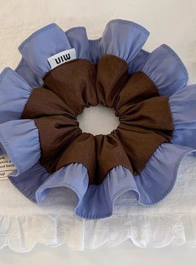 韩国东大门新款蓝色条纹拼接大号大肠发圈女韩系扎头发丸子头发绳