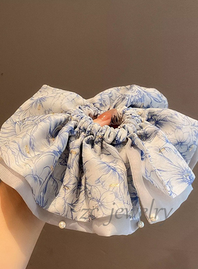 新中式高级感蓝色印花珍珠大肠发圈国风扎低马尾皮筋复古精致发饰