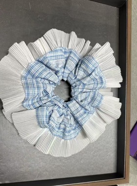 韩国东大门新款法式蓝色格子花边大肠发圈高级感头绳高马尾皮筋