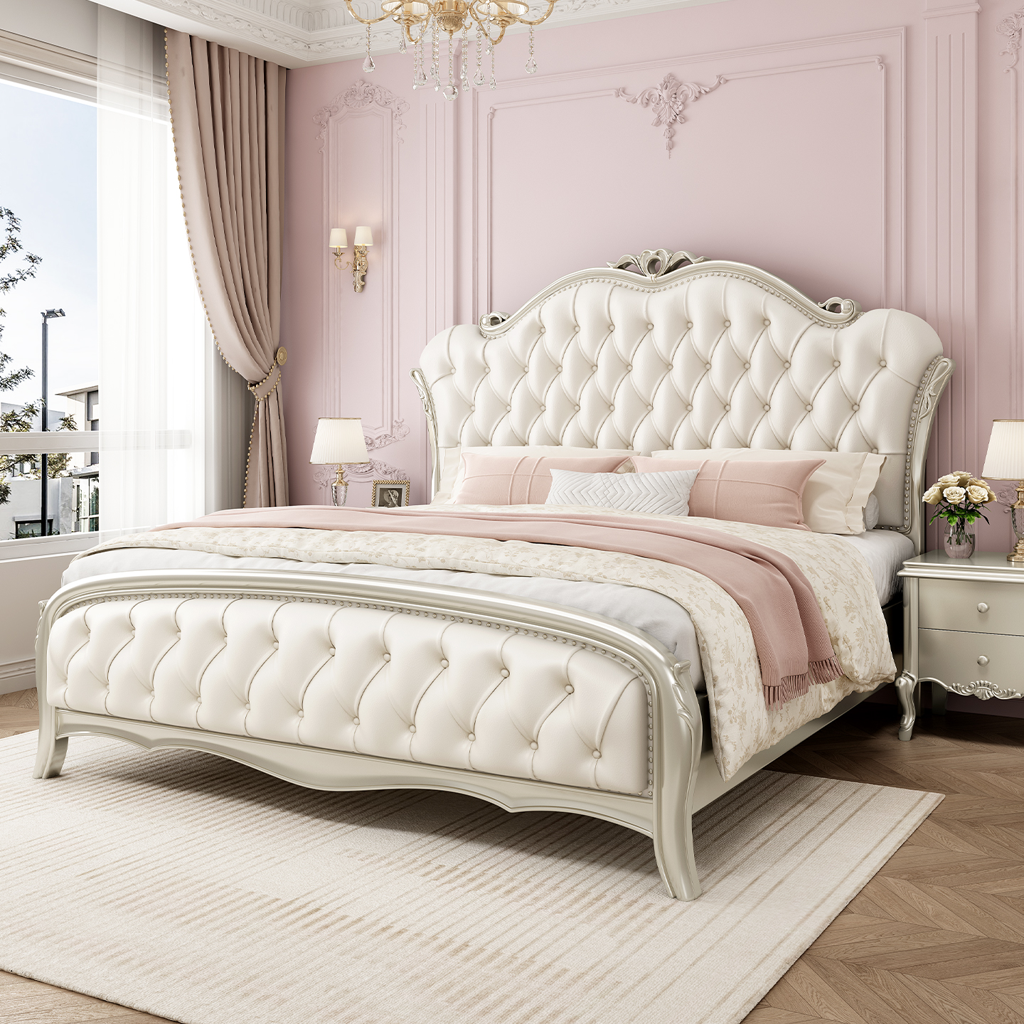 美式实木床轻奢现代主卧大床软靠公主床女孩卧室可储物双人床婚床