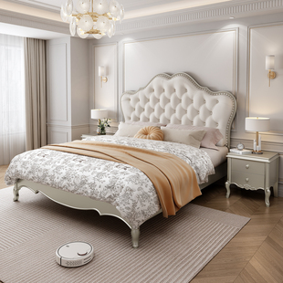 美式 轻奢实木床现代双人主卧床1.8米头层牛皮软靠公主床储物婚床