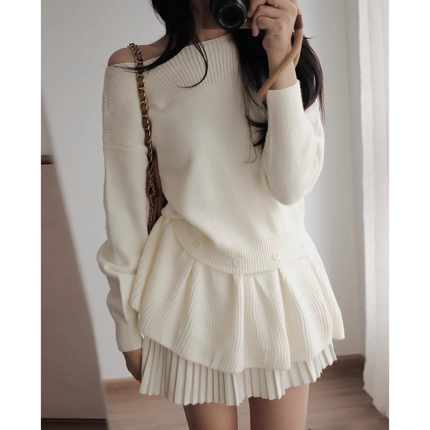 一字肩可拆卸荷叶边裙摆针织毛衣