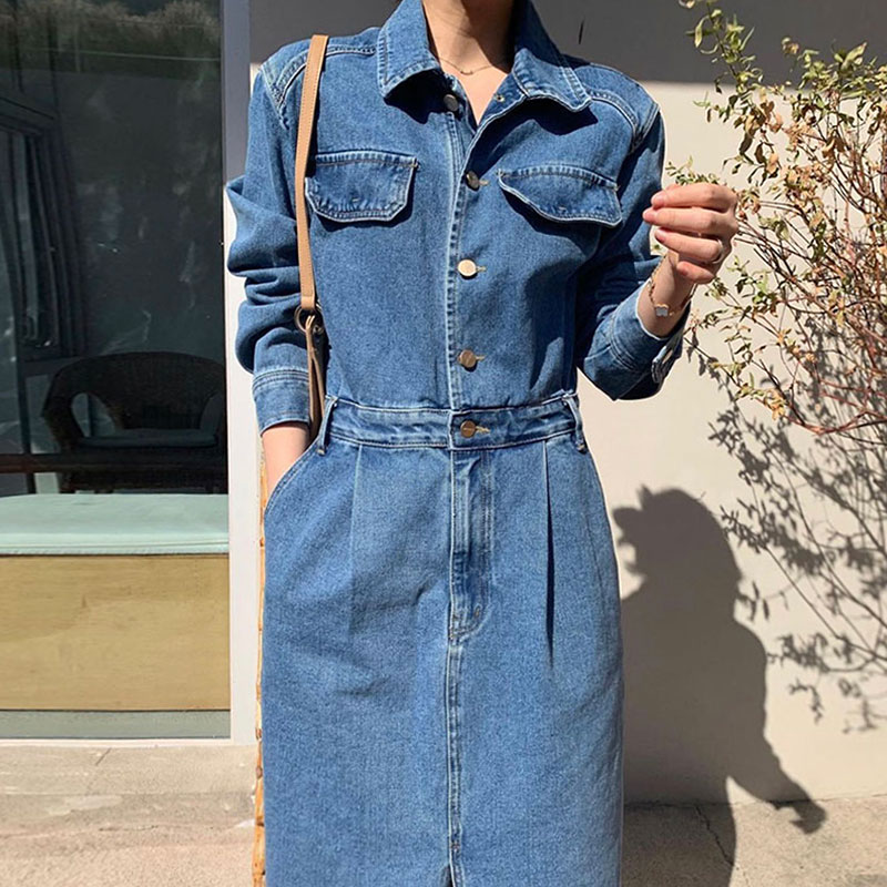 chic翻领单排扣开叉牛仔连衣裙女