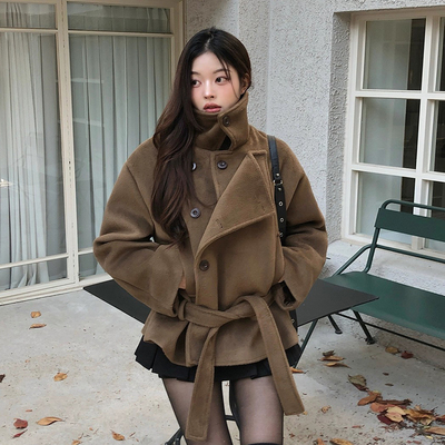 设计感双排扣绑带毛呢大衣外套