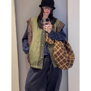 良良家复古豹纹拼接棉服马甲外套女秋冬新款宽松保暖坎肩外穿上衣