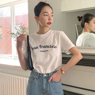 T恤女 韩系chic夏季 简约百搭圆领撞色字母印花设计感宽松休闲短袖