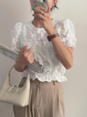 衬衫 韩国chic夏季 泡泡袖 圆领肌理感褶皱百搭短款 上衣女 小众设计款