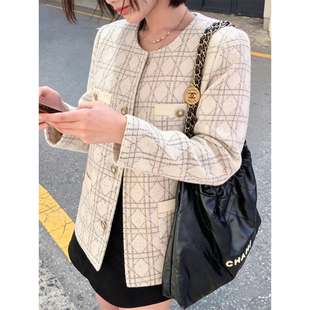 良良家法式千金风格纹毛呢短外套女秋冬季宽松中长款粗花呢上衣