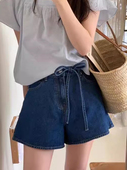 韩国chic夏季 女 小众复古系带蝴蝶结高腰百搭显瘦A字阔腿牛仔短裤